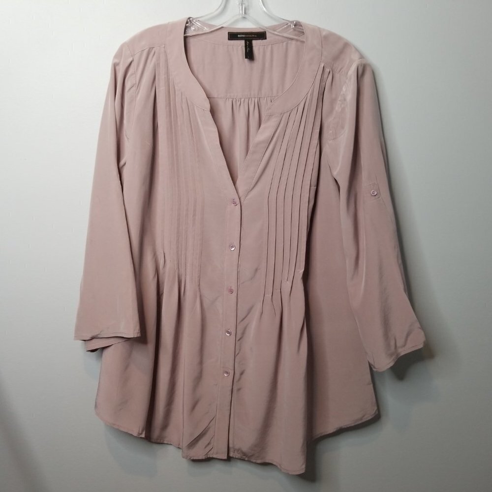 BCBGMAXAZRIA 100% silk aster Bessie blouse Large V-neck button front blush